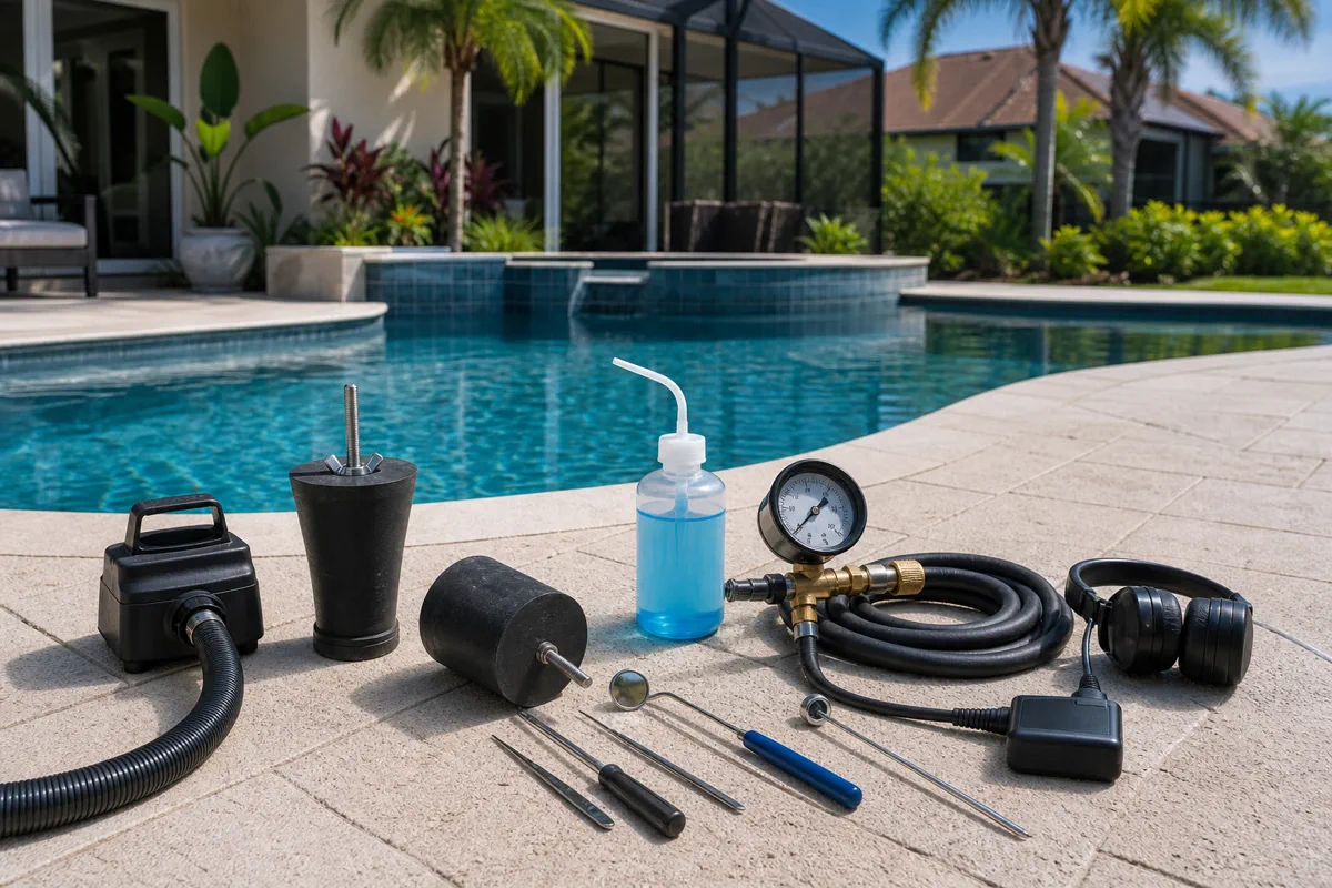 Pool leak detection equipment arranged beside a Florida pool